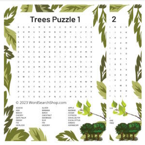 Trees word searches puzzle 1 and puzzle 2 stacked.