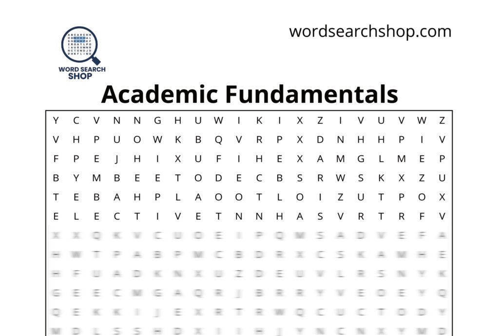 The grid of an education word search with an Academic Fundamentals headline.