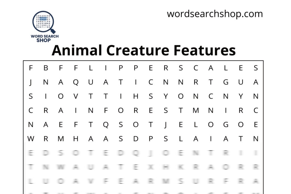 The grid of an animal creature features word search with an Animal Creature Features headline.