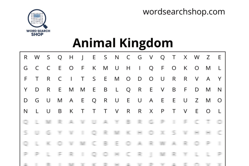 The grid of an animal kingdom word search with an Animal Kingdom headline.
