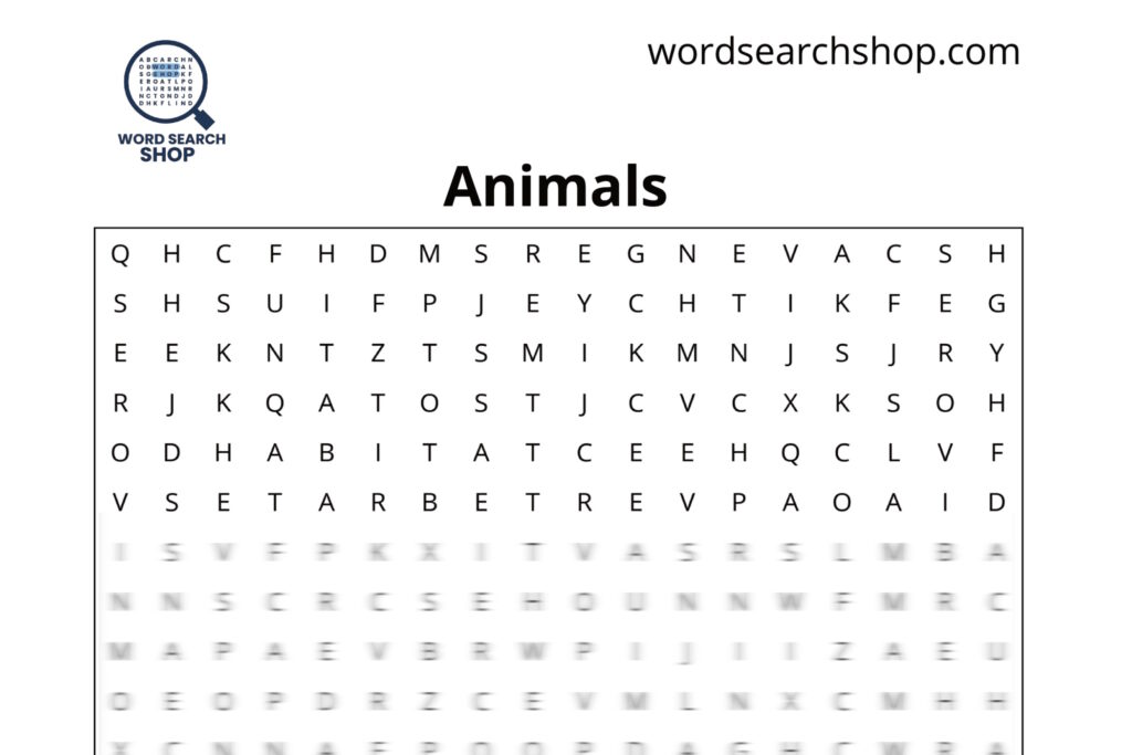 The grid of an animal word search with and a Animals headline.