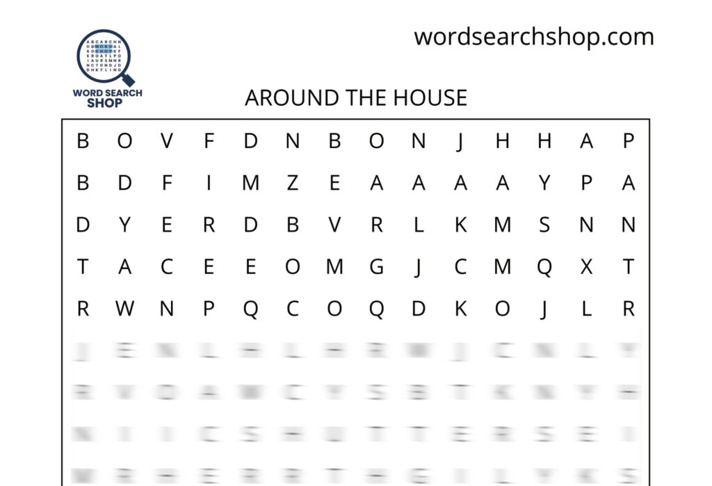 A home and living word search puzzle that is titled Around The House.
