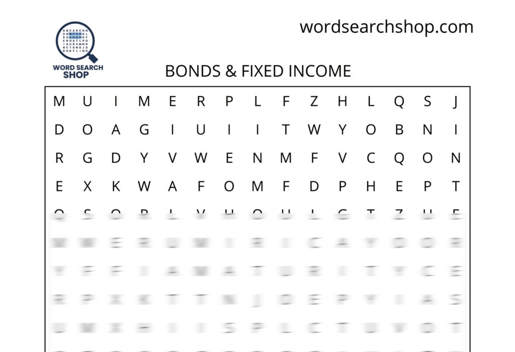 An investing word search puzzle that is titled Bonds & Fixed Income.