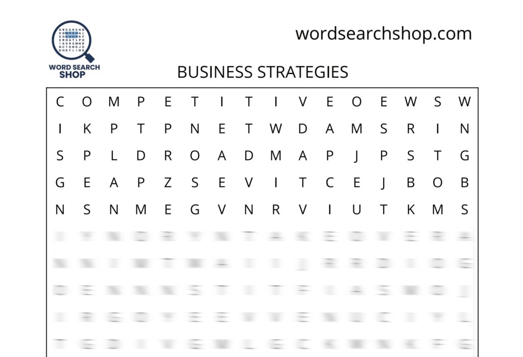 A business and money word search puzzle that is titled Business Strategies.
