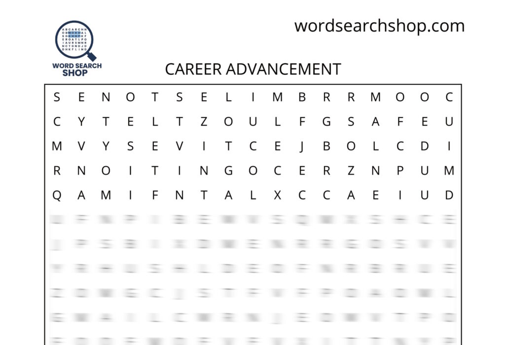 A career word search puzzle that is titled Career Advancement.