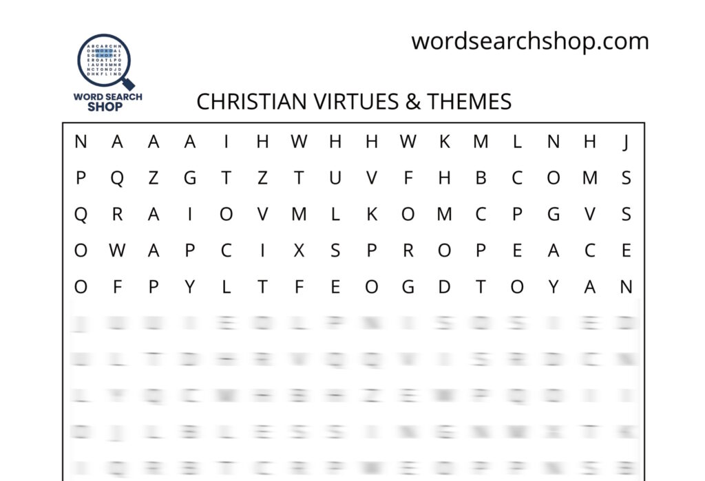 A religion word search puzzle that is titled Christian Virtues & Themes.