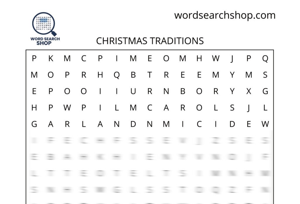 A Christmas word search puzzle that is titled Christmas Traditions.