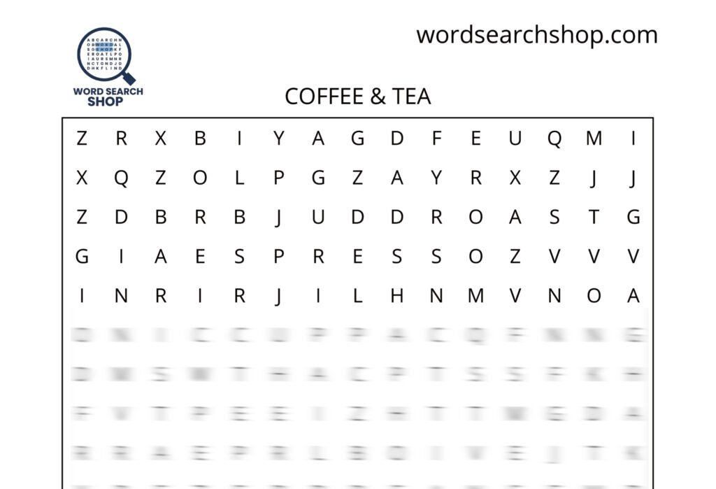 A food and beverage word search puzzle that is titled Coffee & Tea.