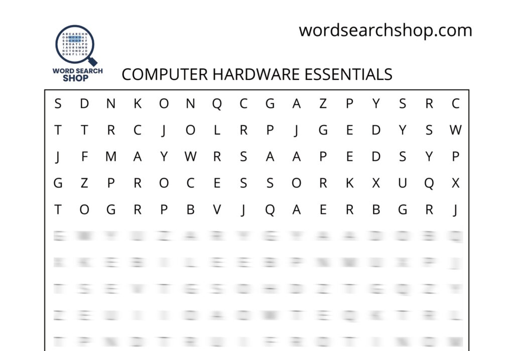 A technology word search puzzle that is titled Computer Hardware Essentials.