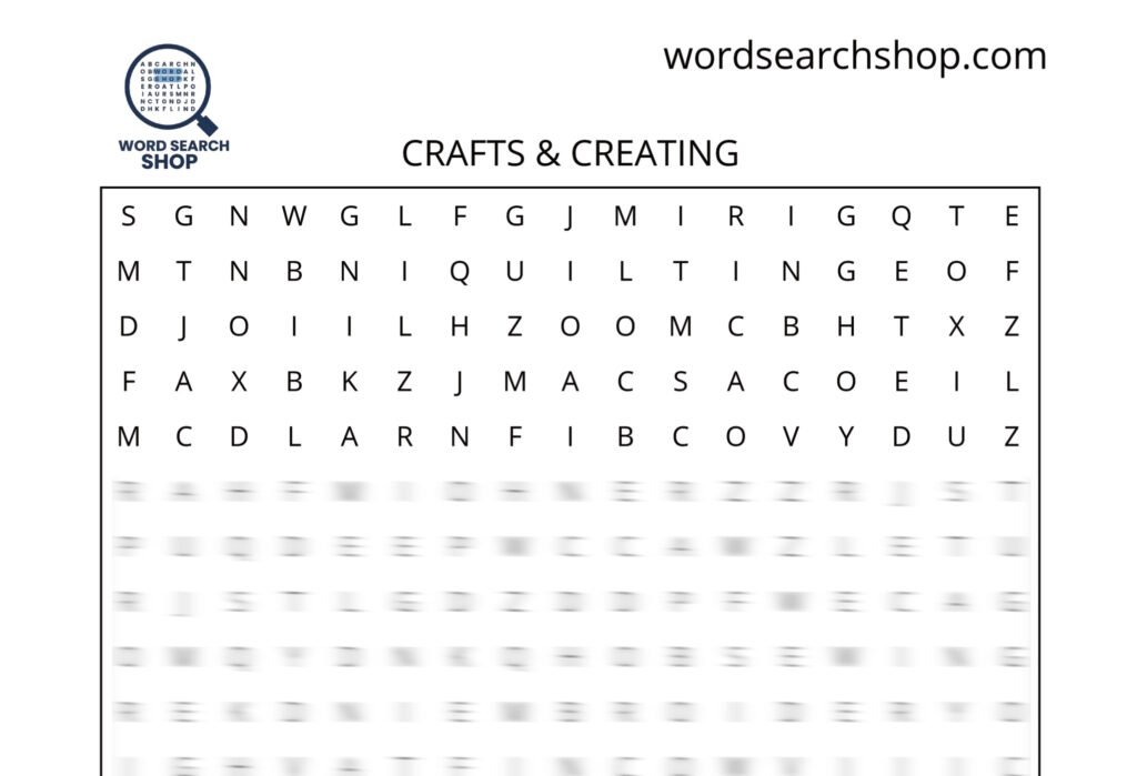 A hobbies word search puzzle that is titled Crafts & Creating.