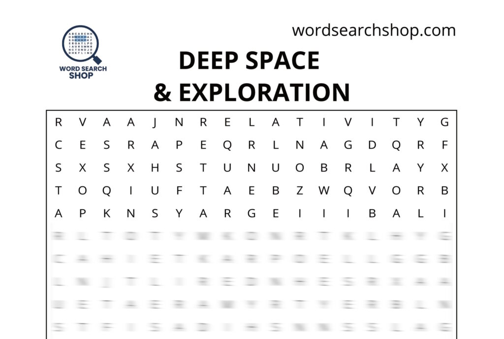 The grid of an astronomy word search with a Deep Space & Exploration headline.