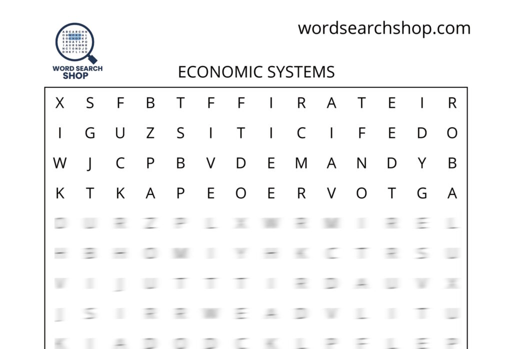 An economics word search puzzle that is titled Economic Systems.