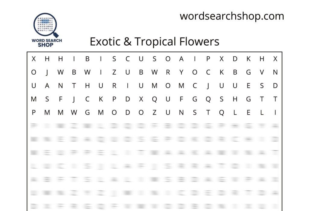 A flowers word search puzzle that is titled Exotic & Tropical Flowers.