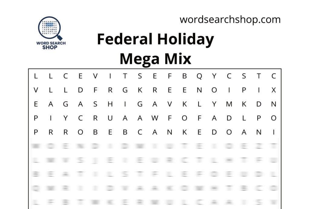 The grid of a Federal Holiday word search with a Federal Holiday Mega Mix headline.
