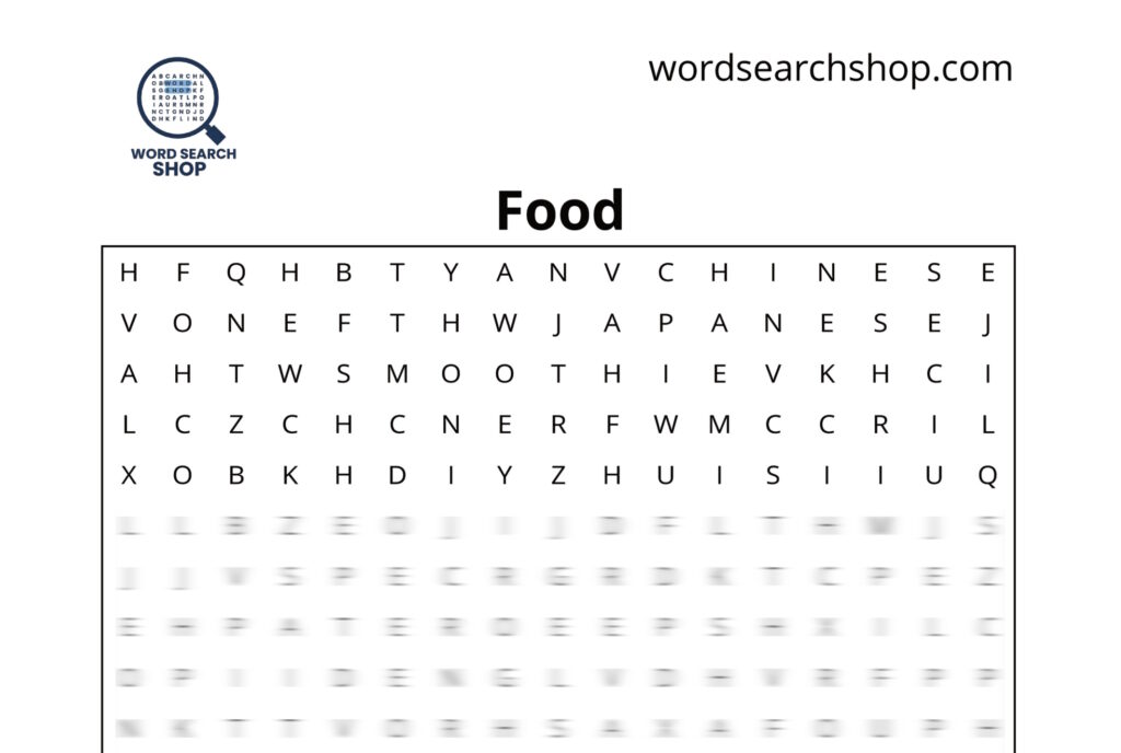 The grid of a Food word search with a Food headline.
