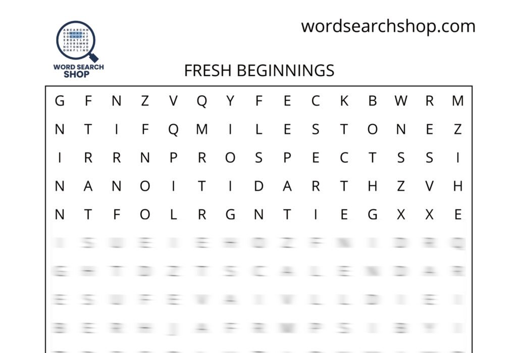A New Years word search puzzle that is titled Fresh Beginnings.