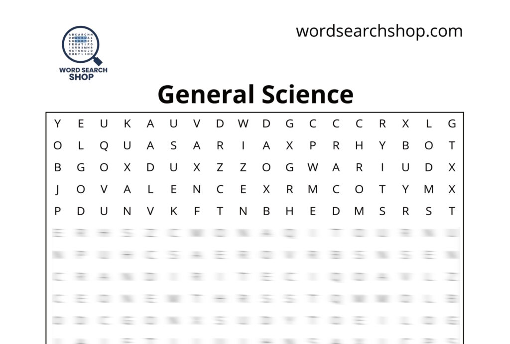 The grid of a Science word search with a General Science headline.
