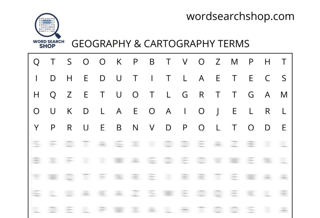 A geography word search puzzle that is titled Geography & Cartography Terms.