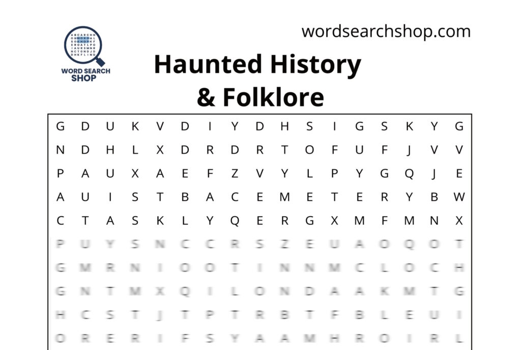 The grid of a Halloween word search with a Haunted History & Folklore headline.