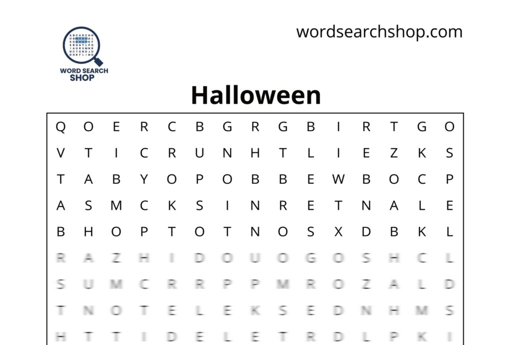 The grid of a Halloween word search with a Halloween headline.