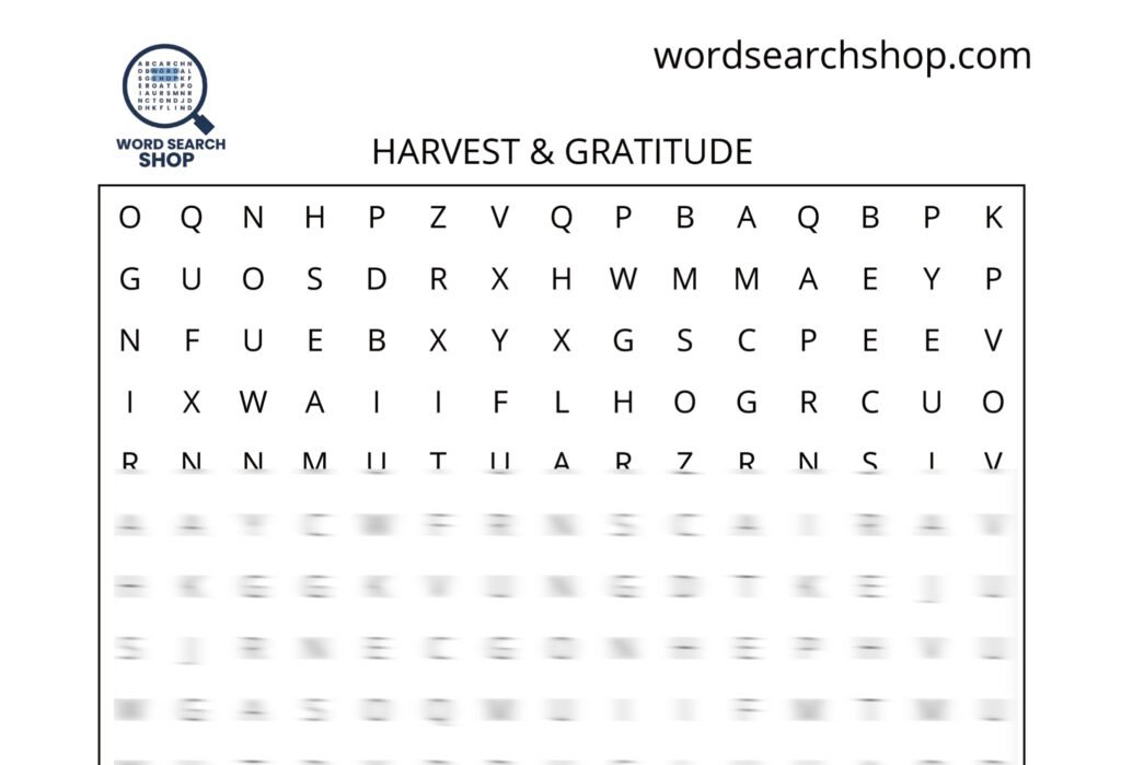 A Thanksgiving word search puzzle that is titled Harvest & Gratitude.