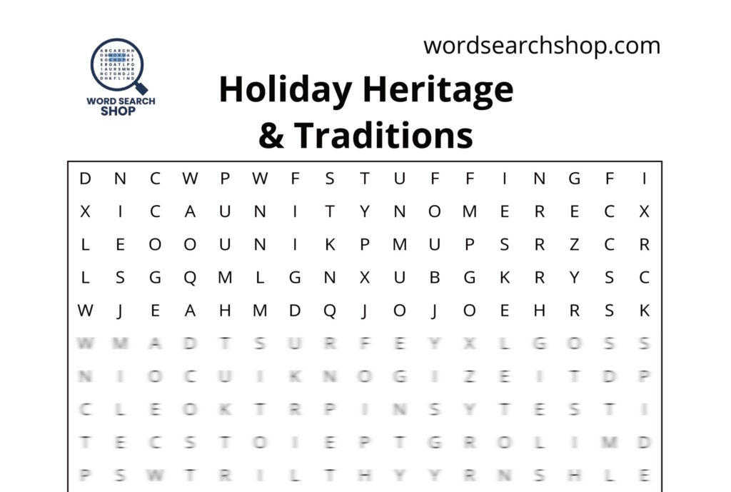 The grid of a holiday word search with a Holidy Heritage & Traditions headline.