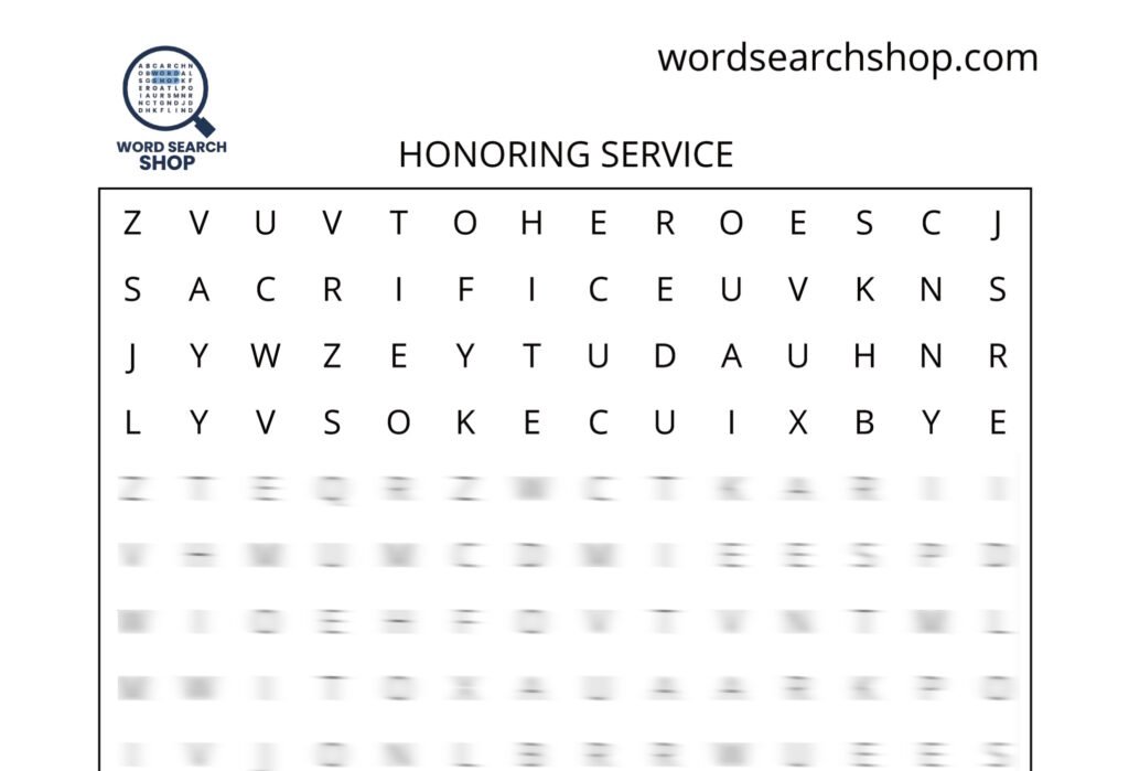 A Veterans Day word search puzzle that is titled Honoring Service.