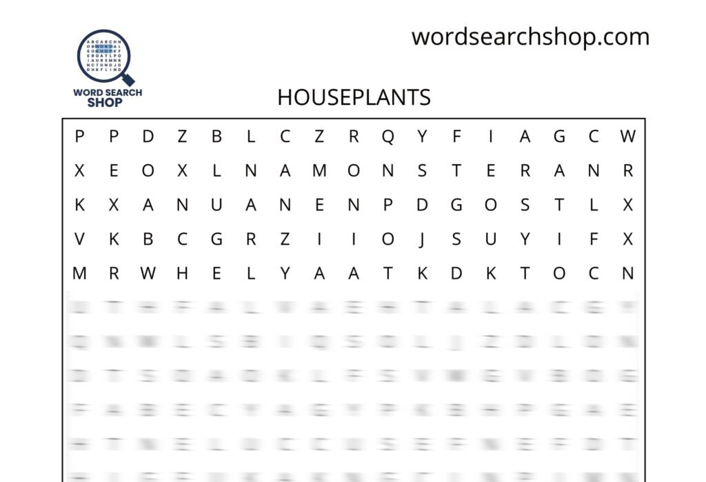A plant word search puzzle that is titled Houseplants.