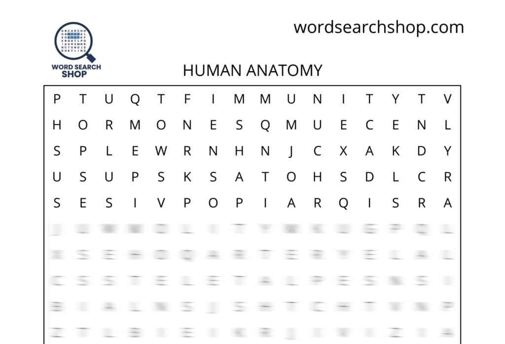 A biology word search puzzle that is titled Human Anatomy.