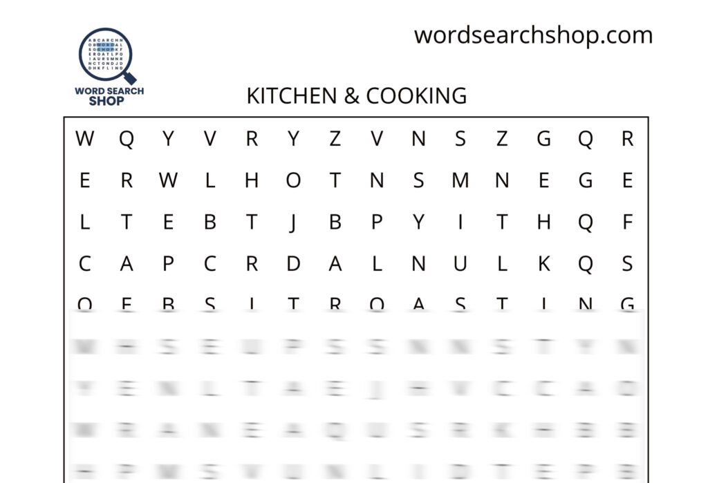A food and beverage word search puzzle that is titled Kitchen & Cooking.