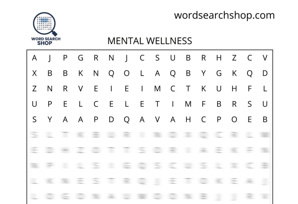 A health word search puzzle that is titled Mental Wellness.
