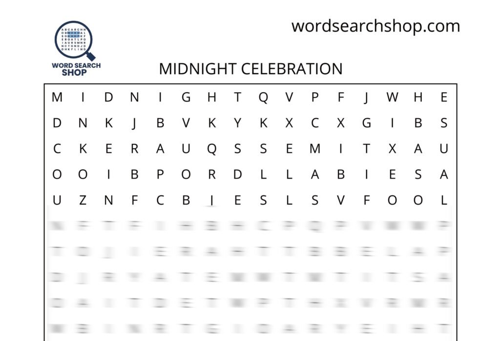 A New Years word search puzzle that is titled Midnight Celebration.