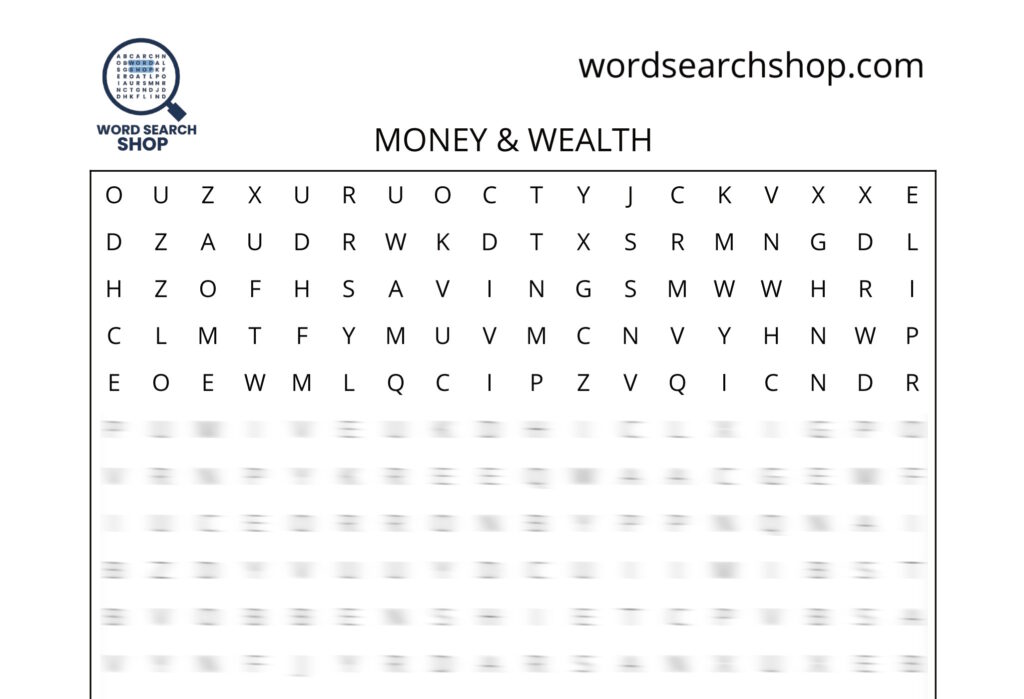 A business and money word search puzzle that is titled Money & Wealth.