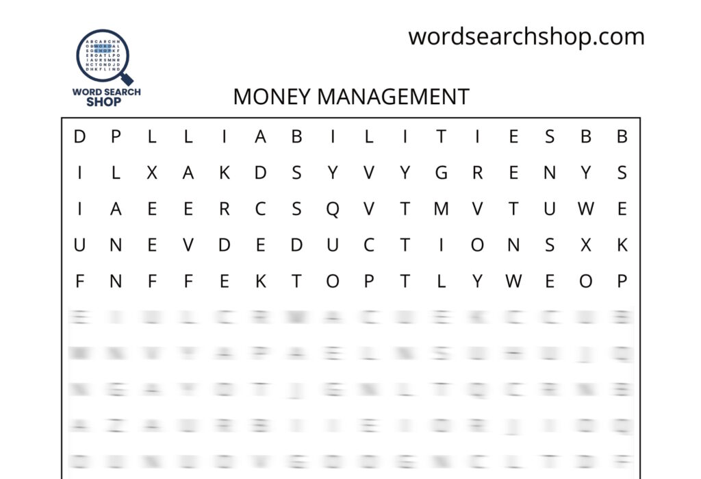 A personal finance word search puzzle that is titled Money Management.