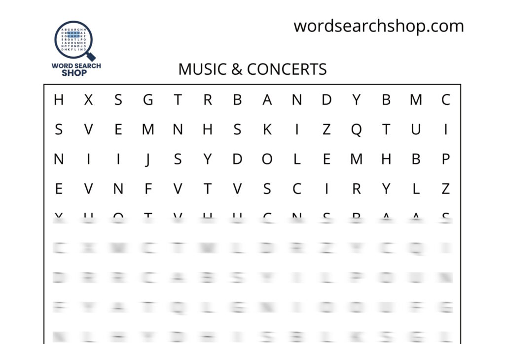 An entertainment word search puzzle that is titled Music & Concerts.
