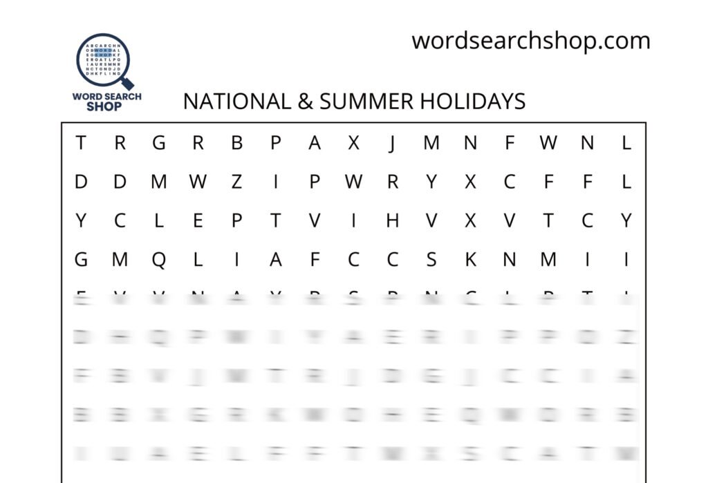 A holiday word search puzzle that is titled National & Summer Holidays.