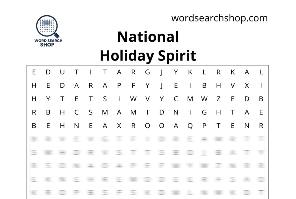 The grid of a Federal Holiday word search with a National Holiday Spirit headline.
