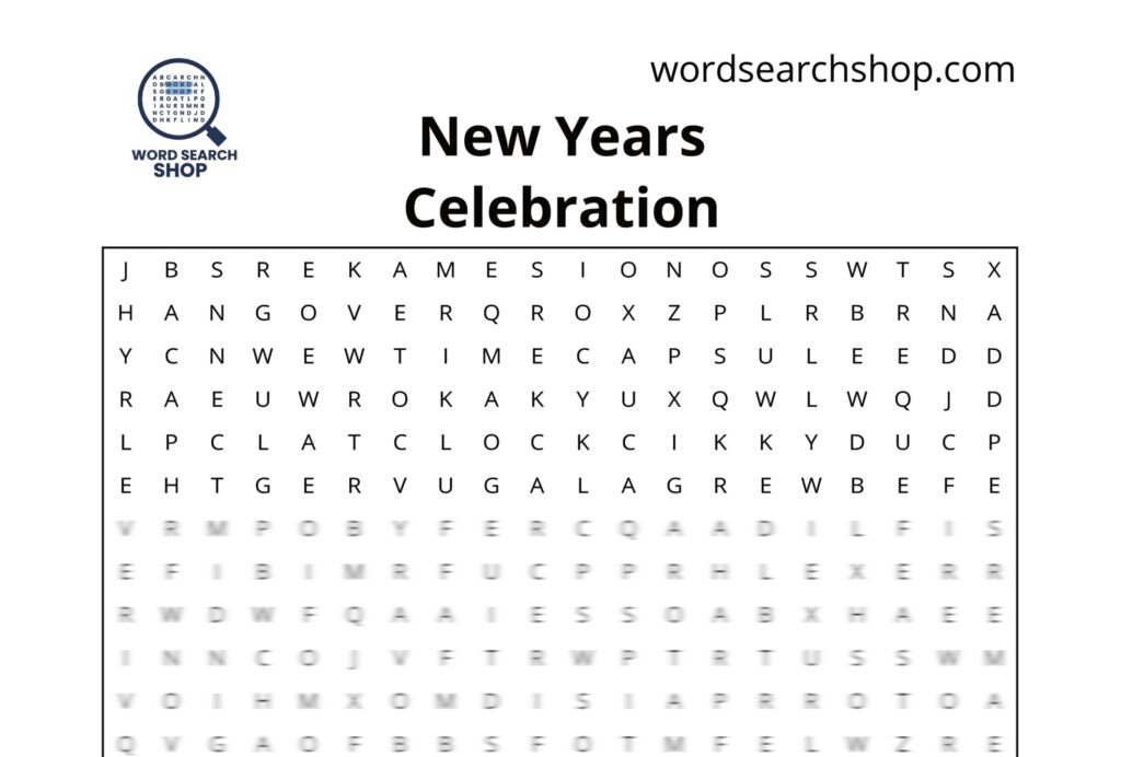 The grid of a New Years word search with a New Years Celebration headline.