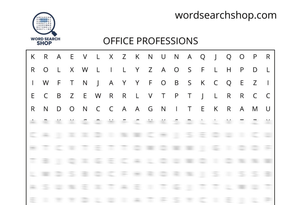 A career word search puzzle that is titled Office Professions.