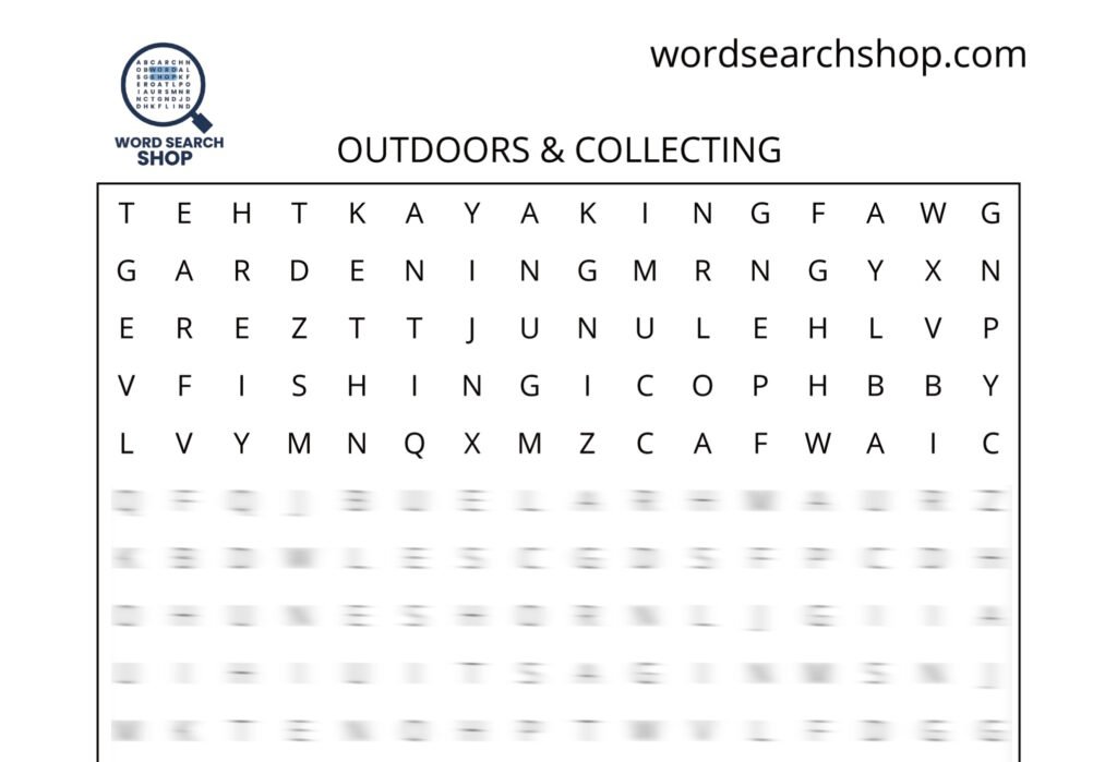 A hobbies word search puzzle that is titled Outdoors & Collecting.