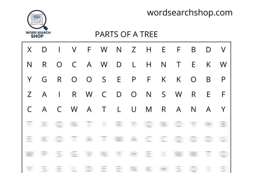 A tree word search puzzle that is titled Parts Of A Tree.