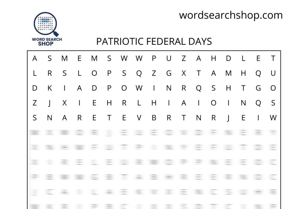 A federal holiday word search puzzle that is titled Patriotic Federal Days.