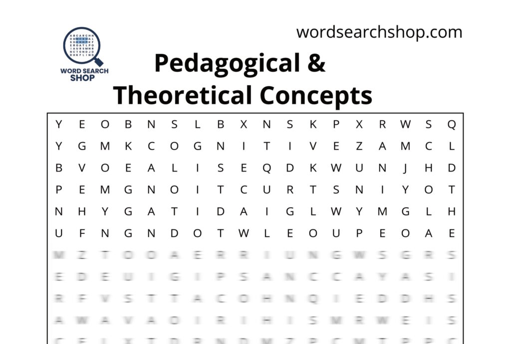The grid of an education word search with a Pedagogical & Theoretical Concepts headline.