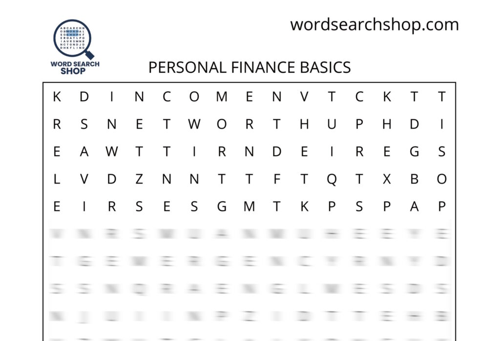 A personal finance word search puzzle that is titled Personal Finance Basics.