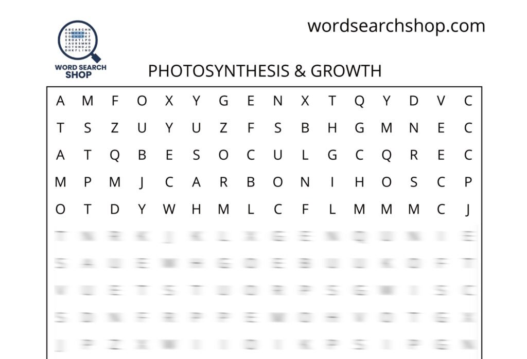 A botany word search puzzle that is titled Photosynthesis & Growth.