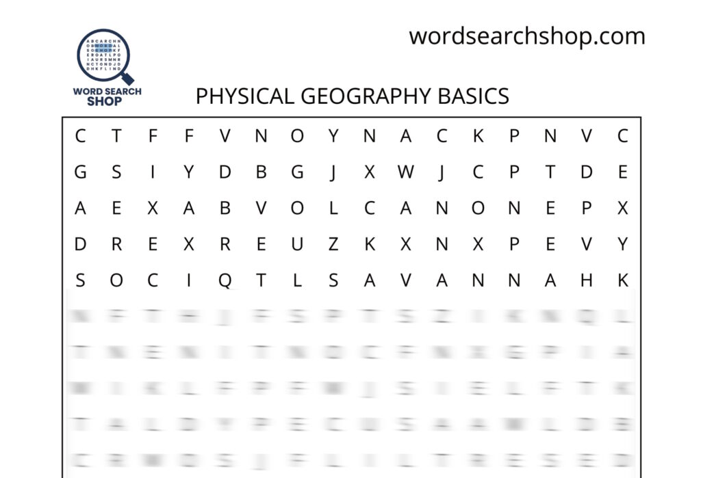 A geography word search puzzle that is titled Physical Geography Basics.