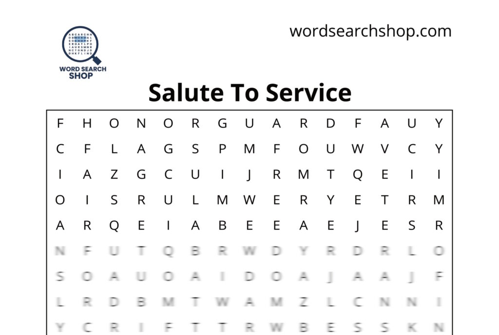 The grid of a Veterans Day word search with a Salute To Service headline.