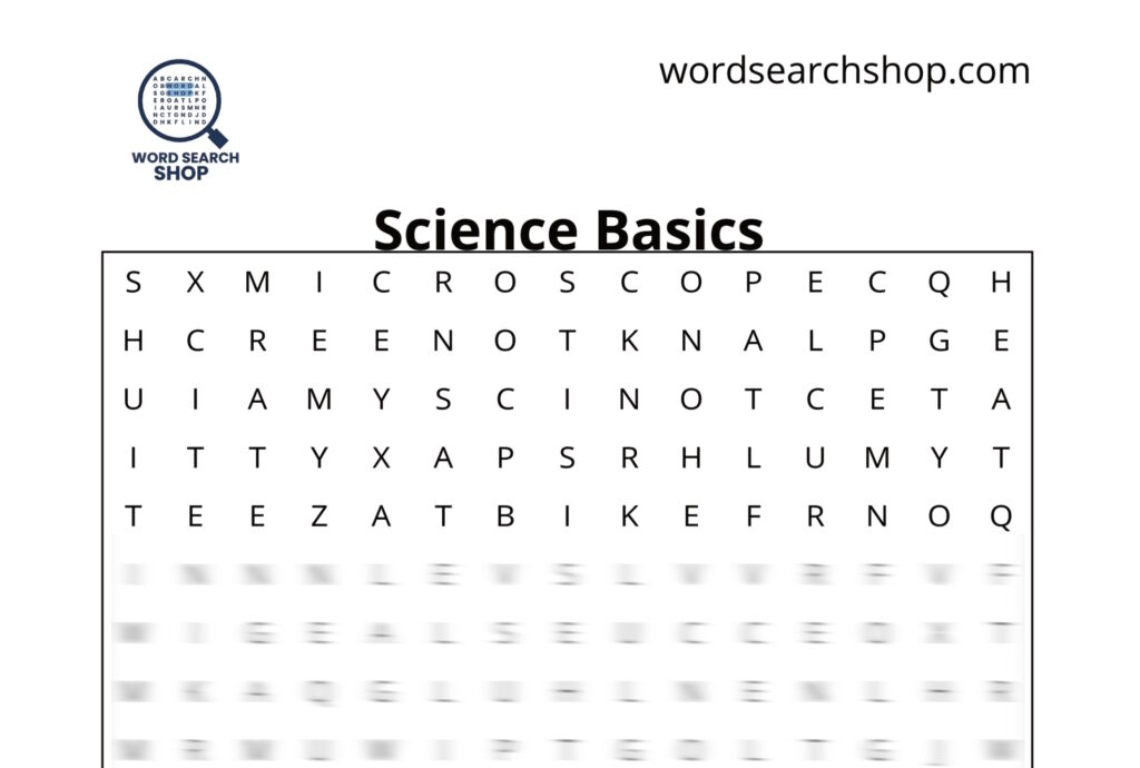 The grid of a Science word search with a Science Basics headline.