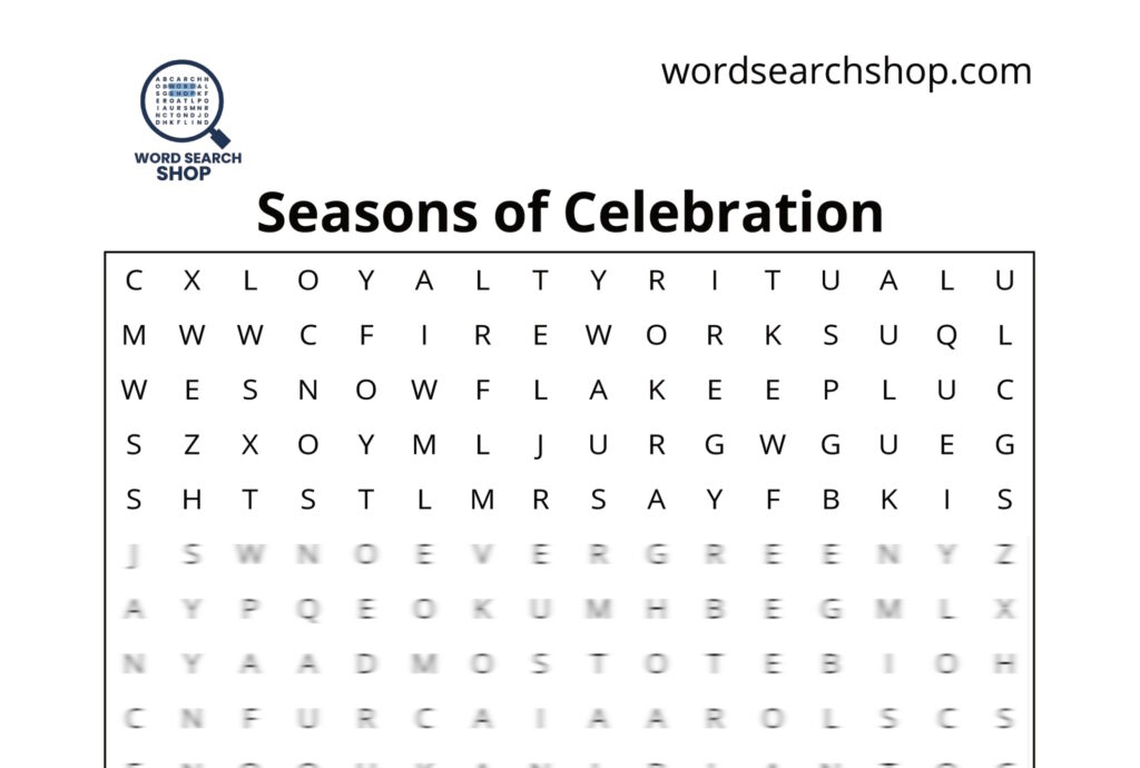 The grid of a holiday word search with a Seasons of Celebration headline.