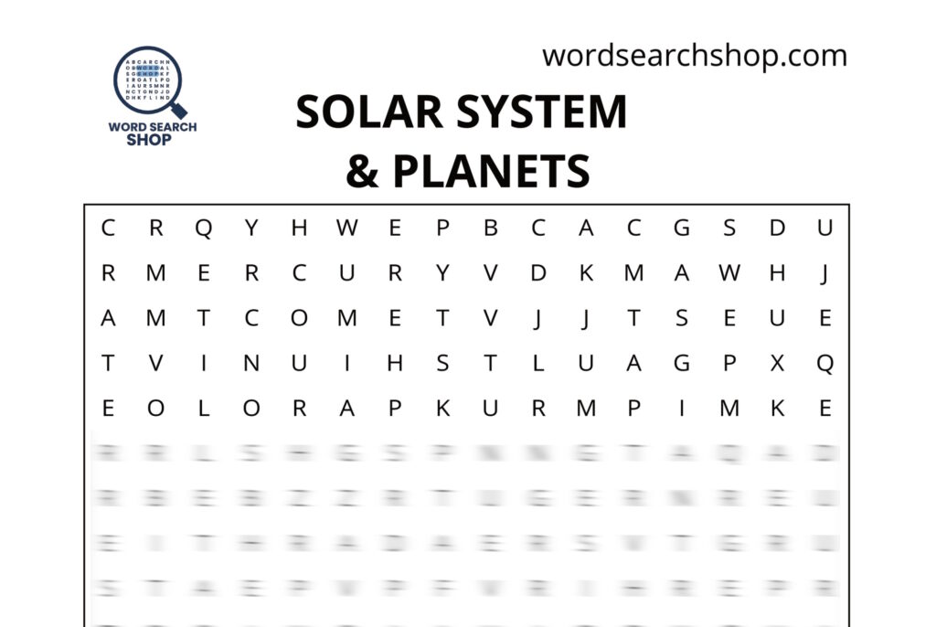 The grid of an Astronomy word search with a Solar System & Planets headline.